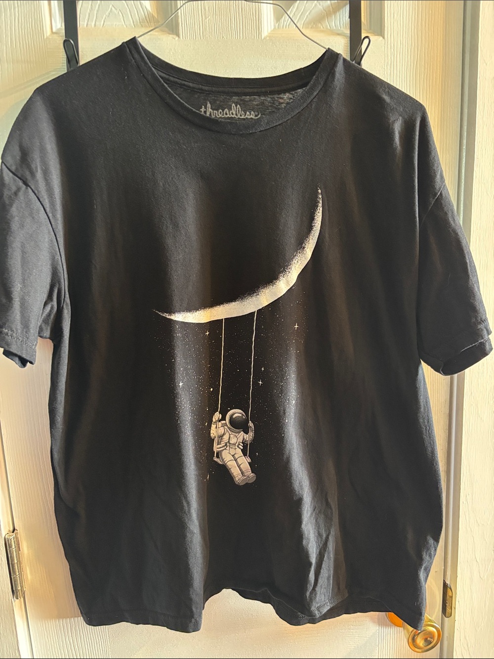 Threadless unisex black Tee with White Astronaut on Moon Swing Graphic size XL